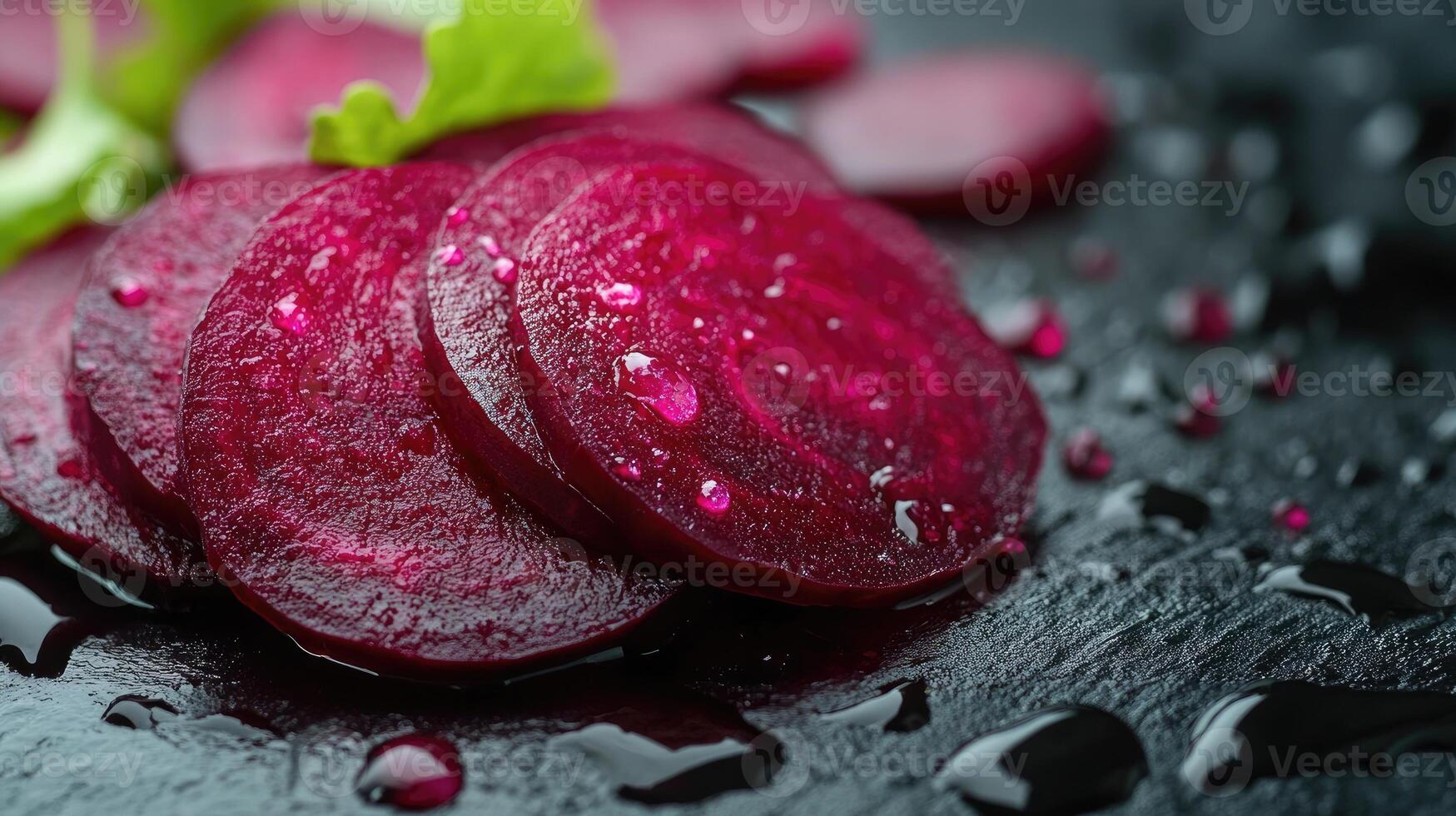Fresh beetroot slices resting on wet slate surface photo