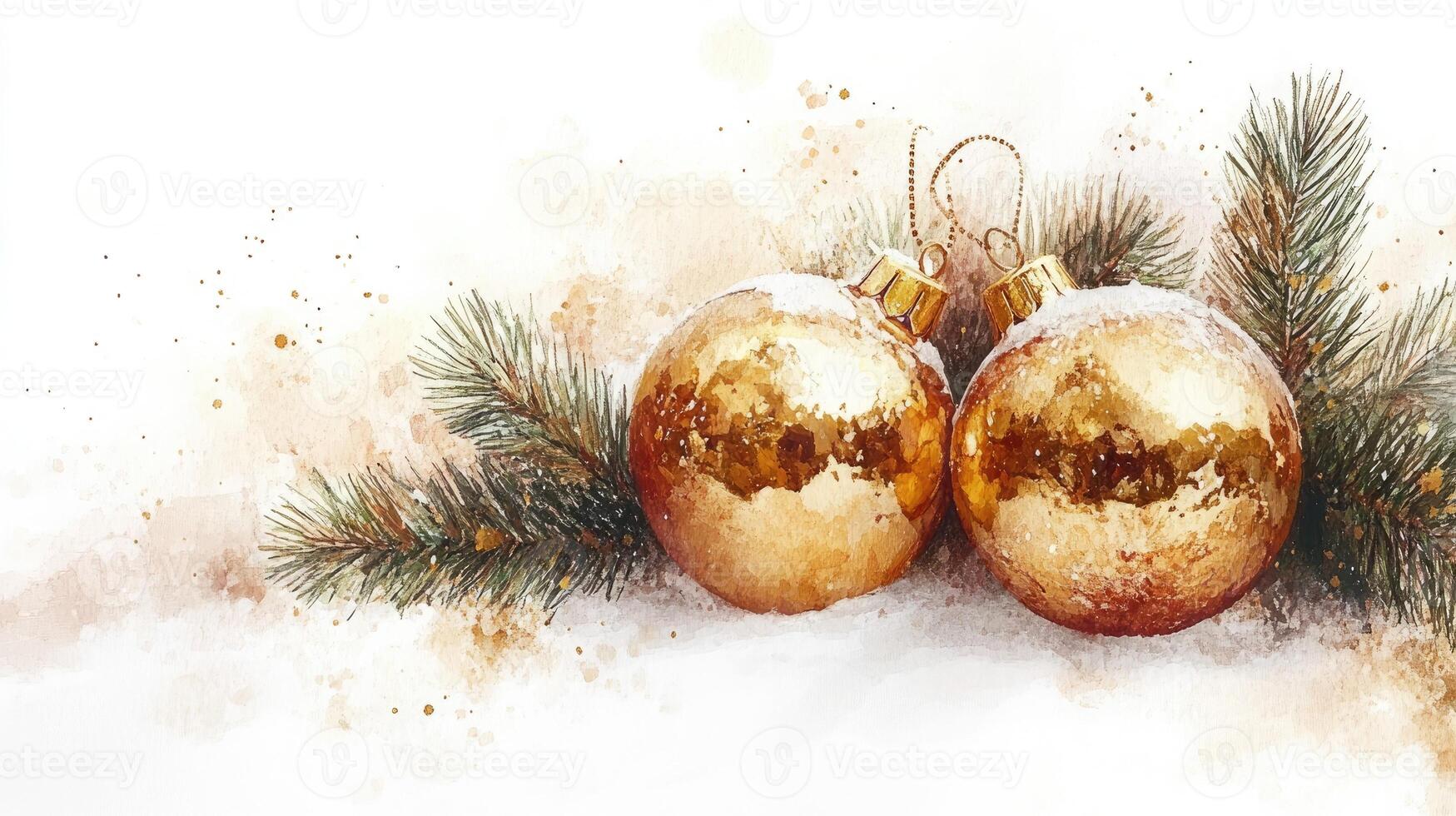 Christmas card with golden baubles hanging from snowy fir tree branch photo