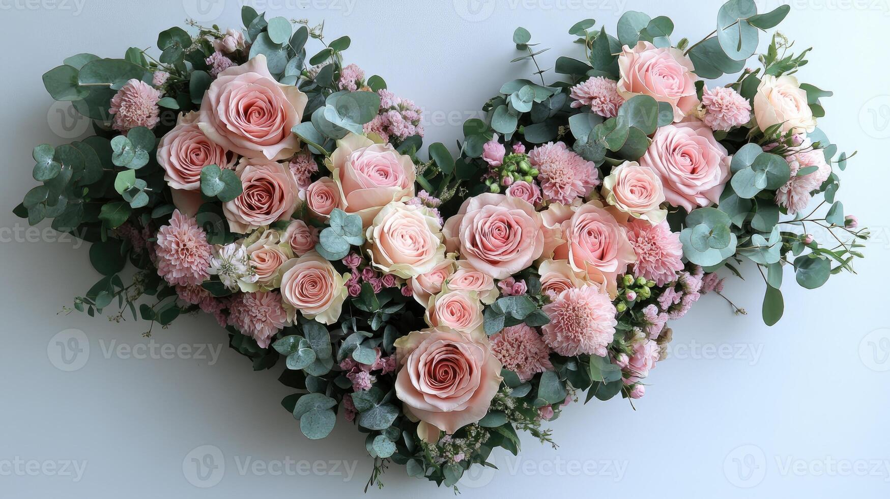 Heart shaped bouquet of pink roses lying on white background photo