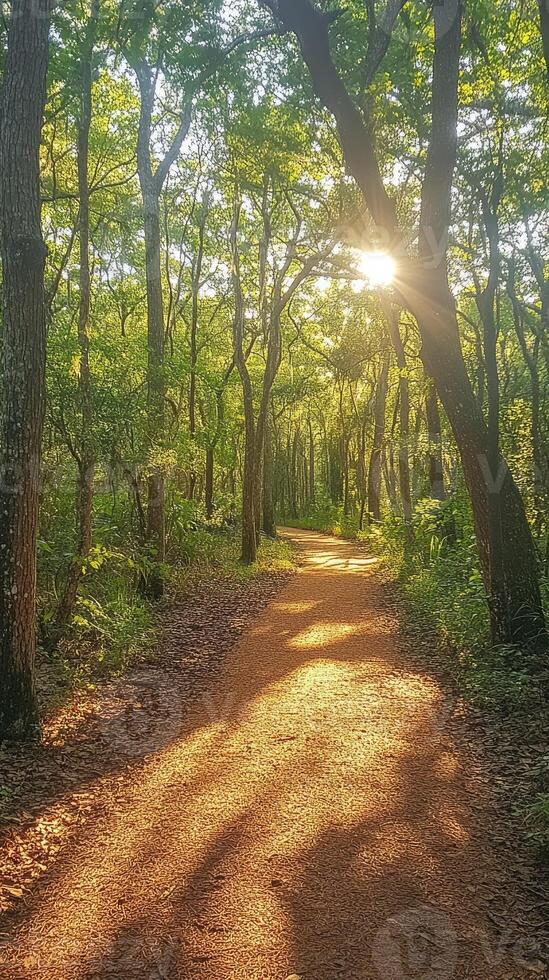 Sunlight illuminating hiking trail winding through forest photo