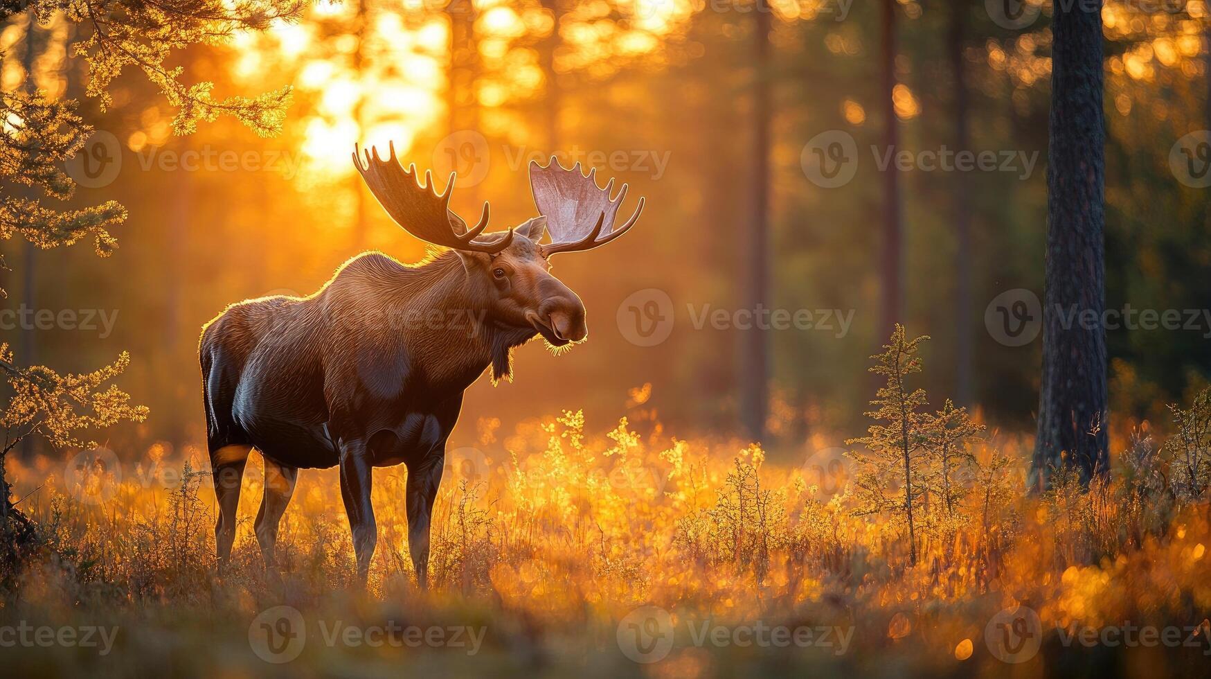 Majestic moose standing in golden sunset forest light photo