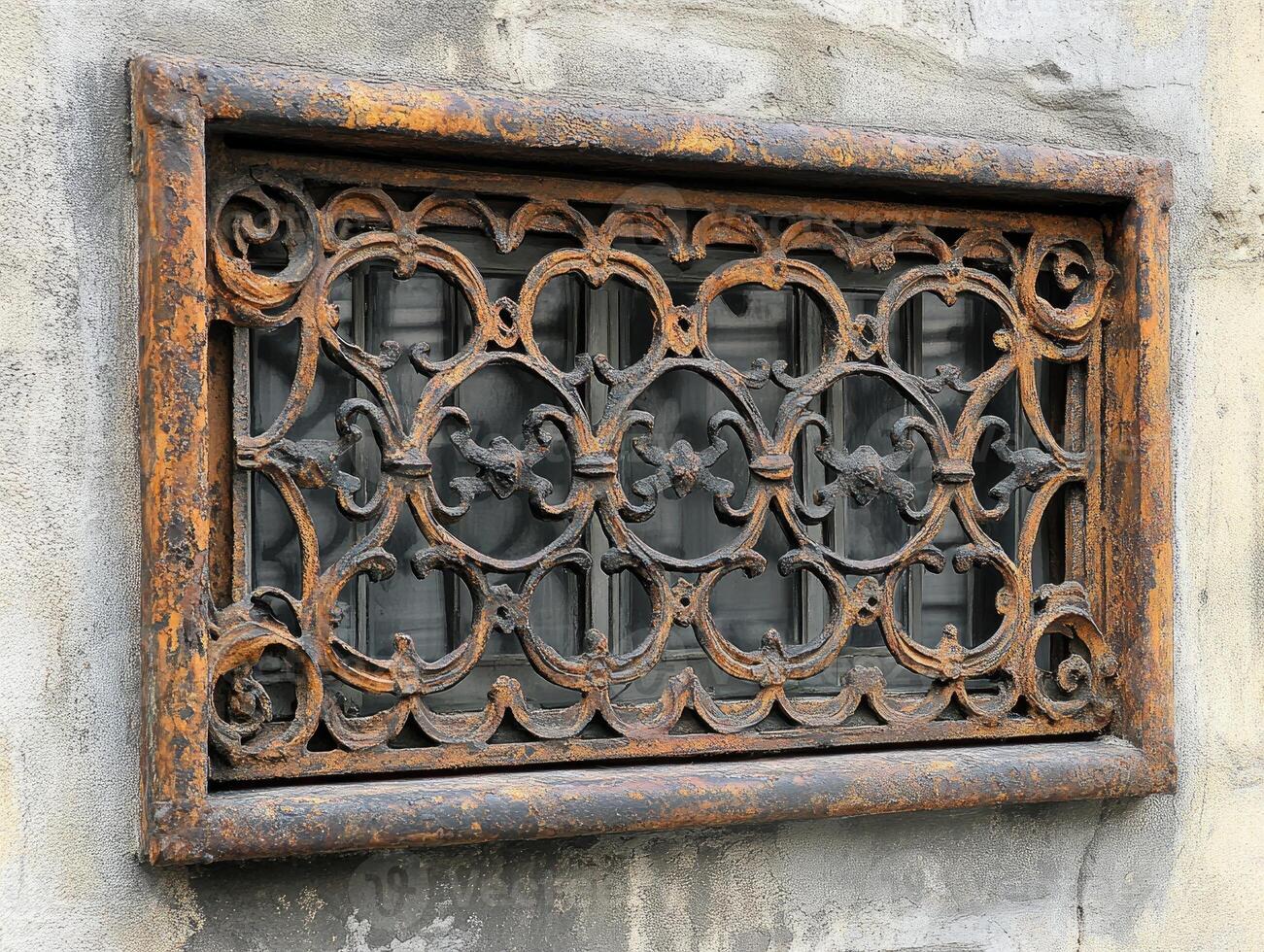 Old rusty metal window grate showing intricate design photo