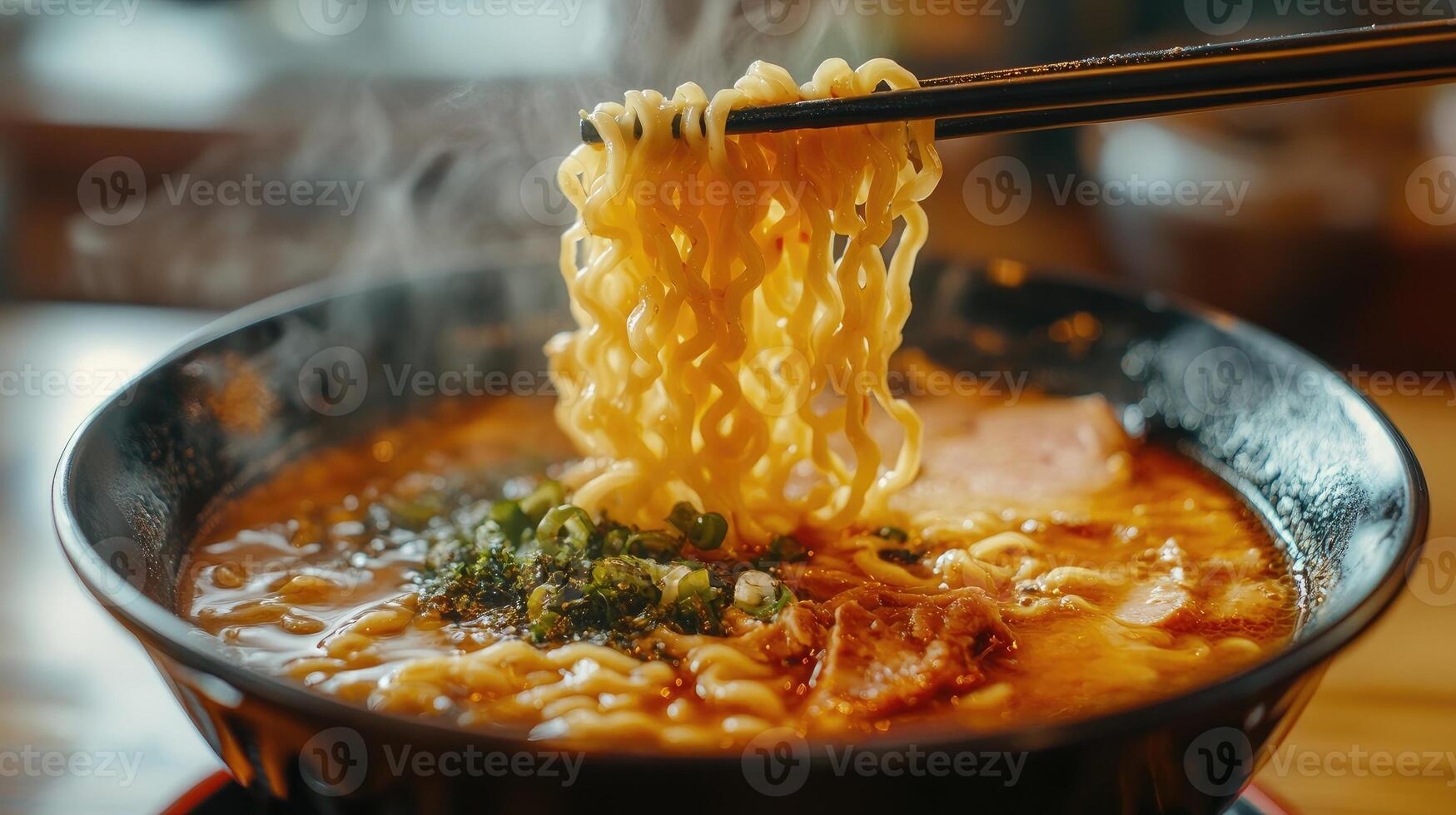 Steaming hot bowl of ramen being lifted with chopsticks photo
