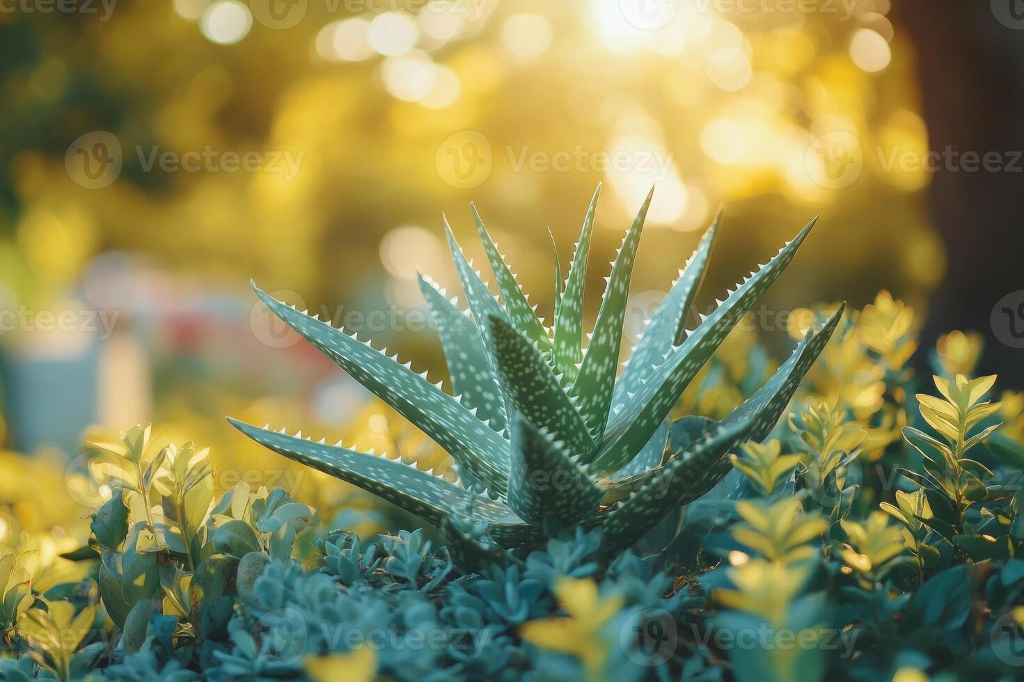 Aloe vera plant growing in garden with golden light leaks photo