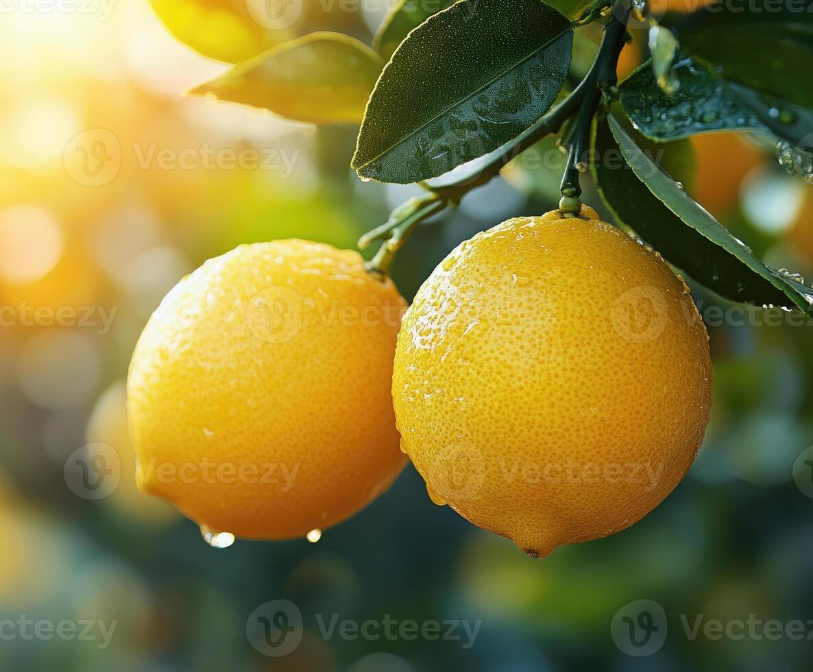 Two ripe lemons hanging from lemon tree branch photo
