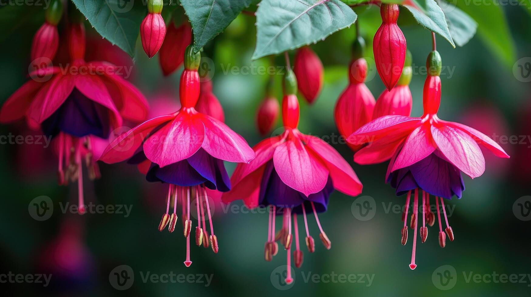 A close-up of vibrant red and purple hanging fuchsia flowers with green plants in focus. photo