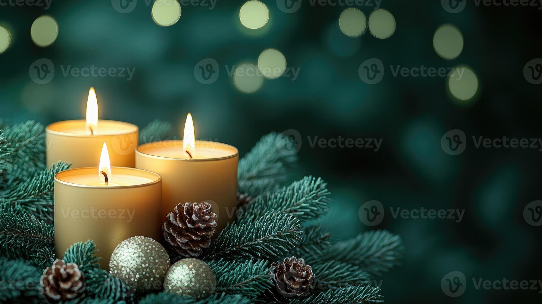 Burning advent candles with evergreen branches and pine cones on green background photo