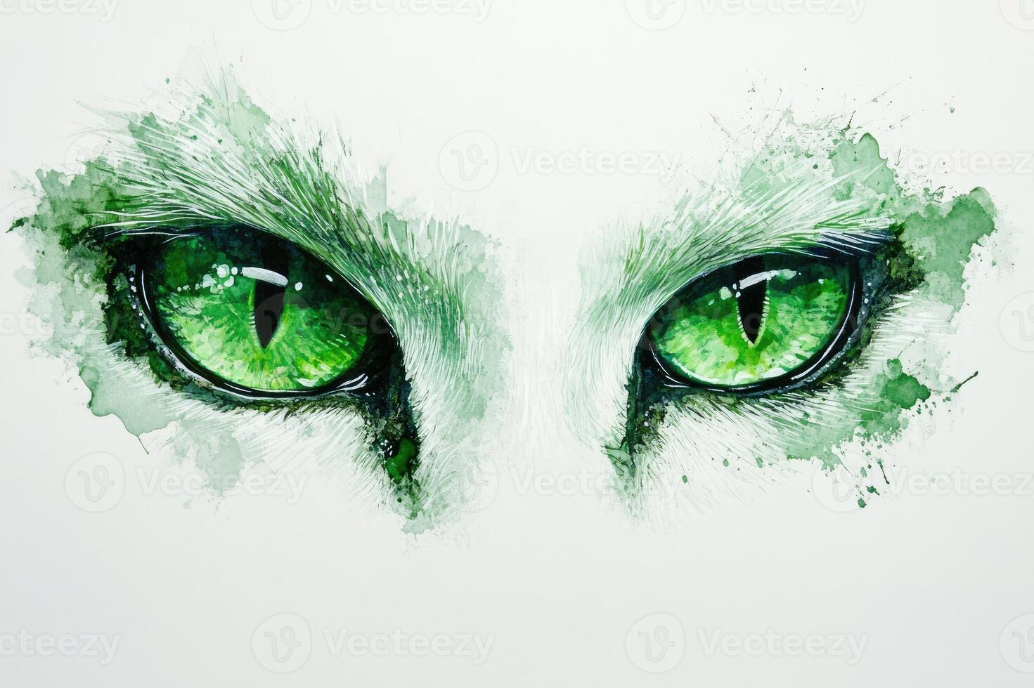 Watercolor painting of a white cat with piercing green eyes staring photo