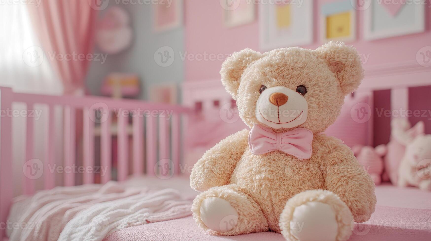 Teddy bear sitting on a cot in a pink bedroom for baby girl photo