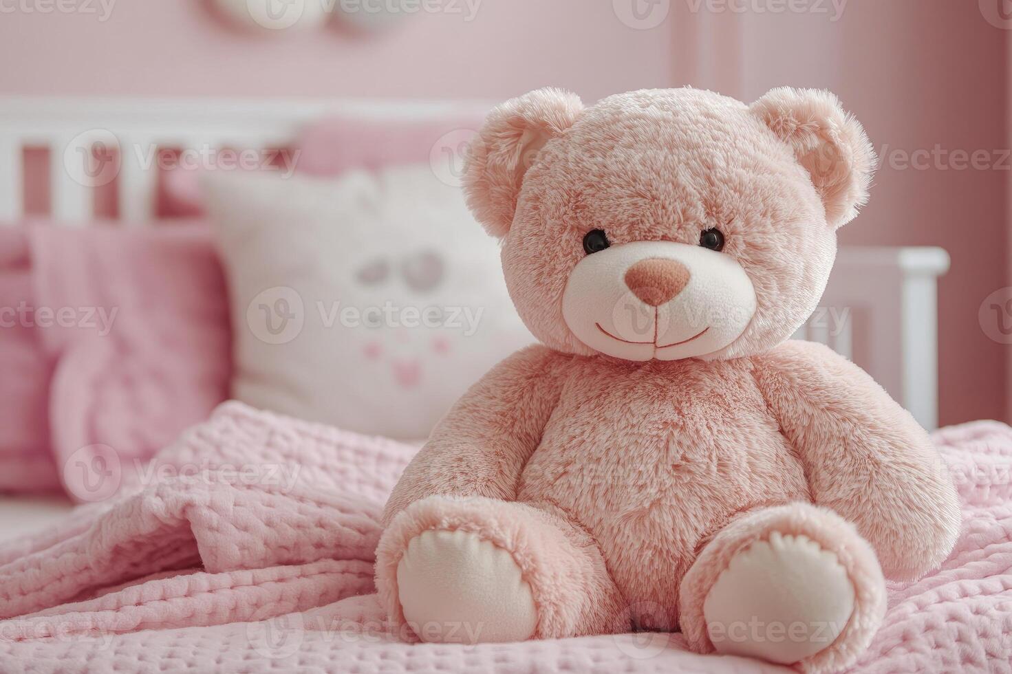 Teddy bear sitting on a cot in a pink bedroom for baby girl photo