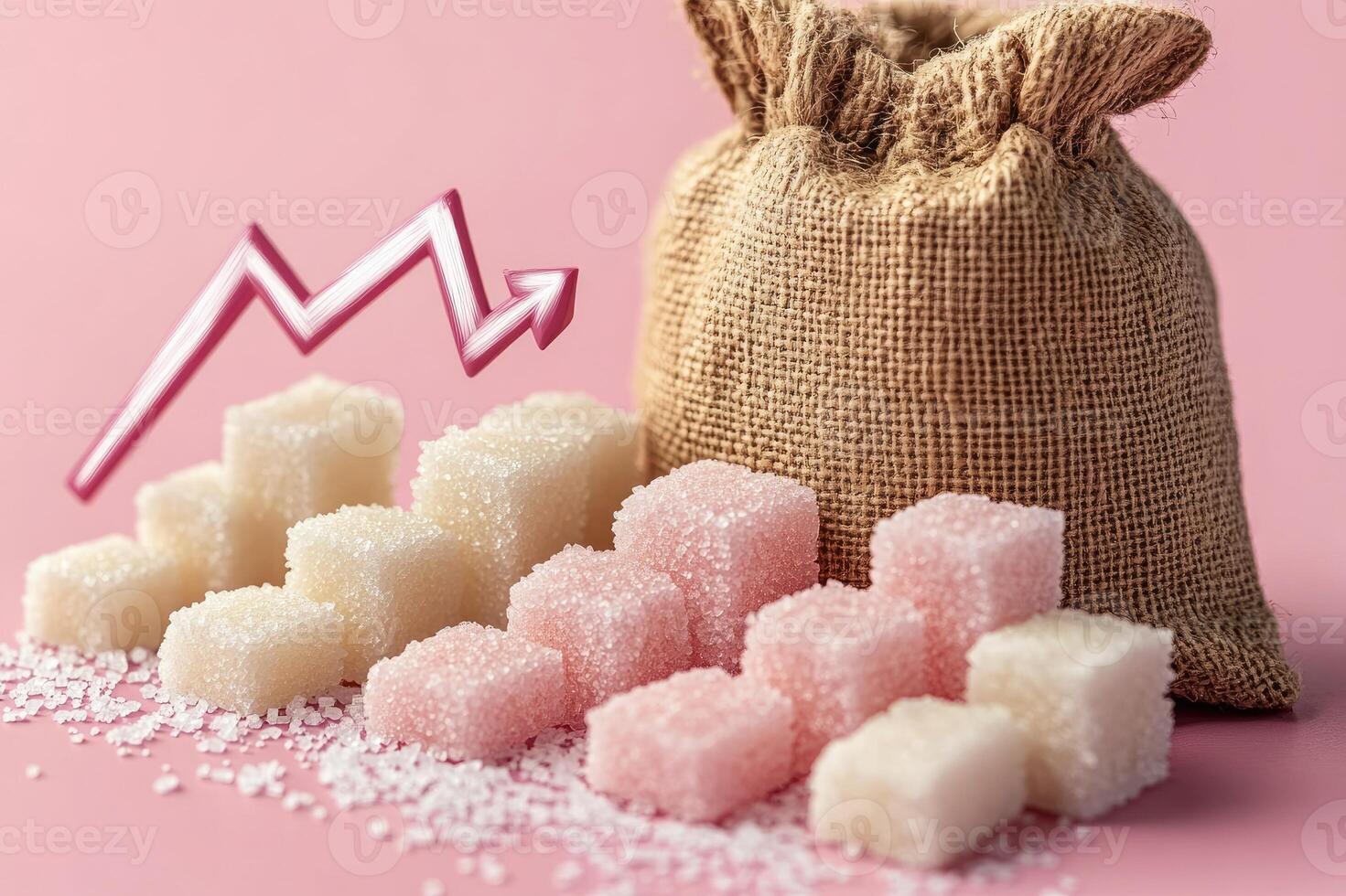 Sugar cubes forming a descending graph with a sackcloth bag on a pink background photo
