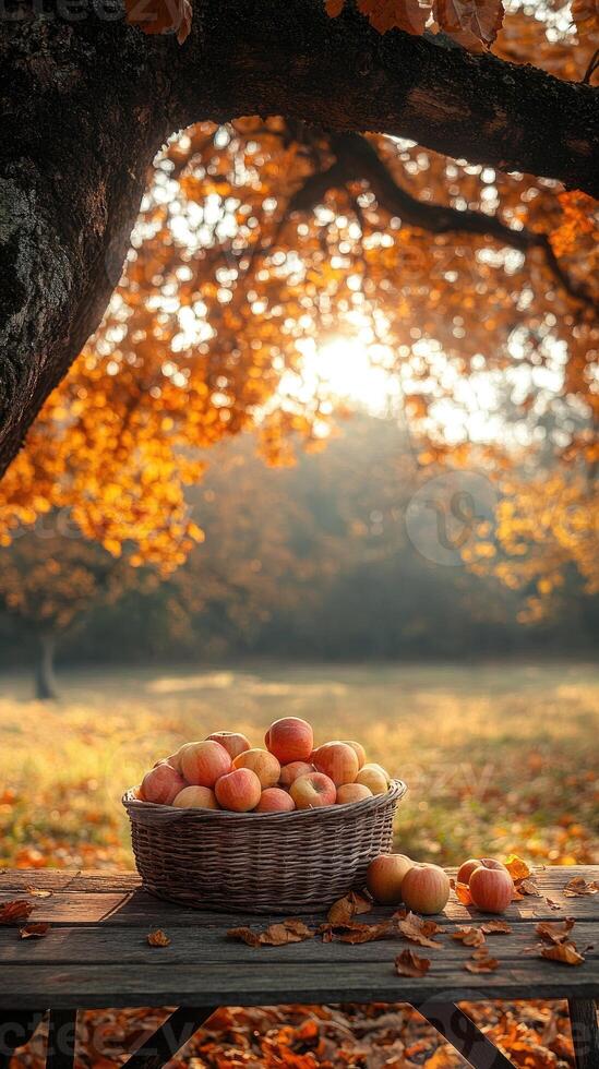 Wicker basket overflowing with apples under an autumn tree at sunset photo