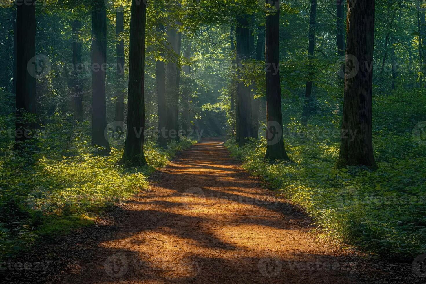 Sun shining through trees on path in lush green forest photo