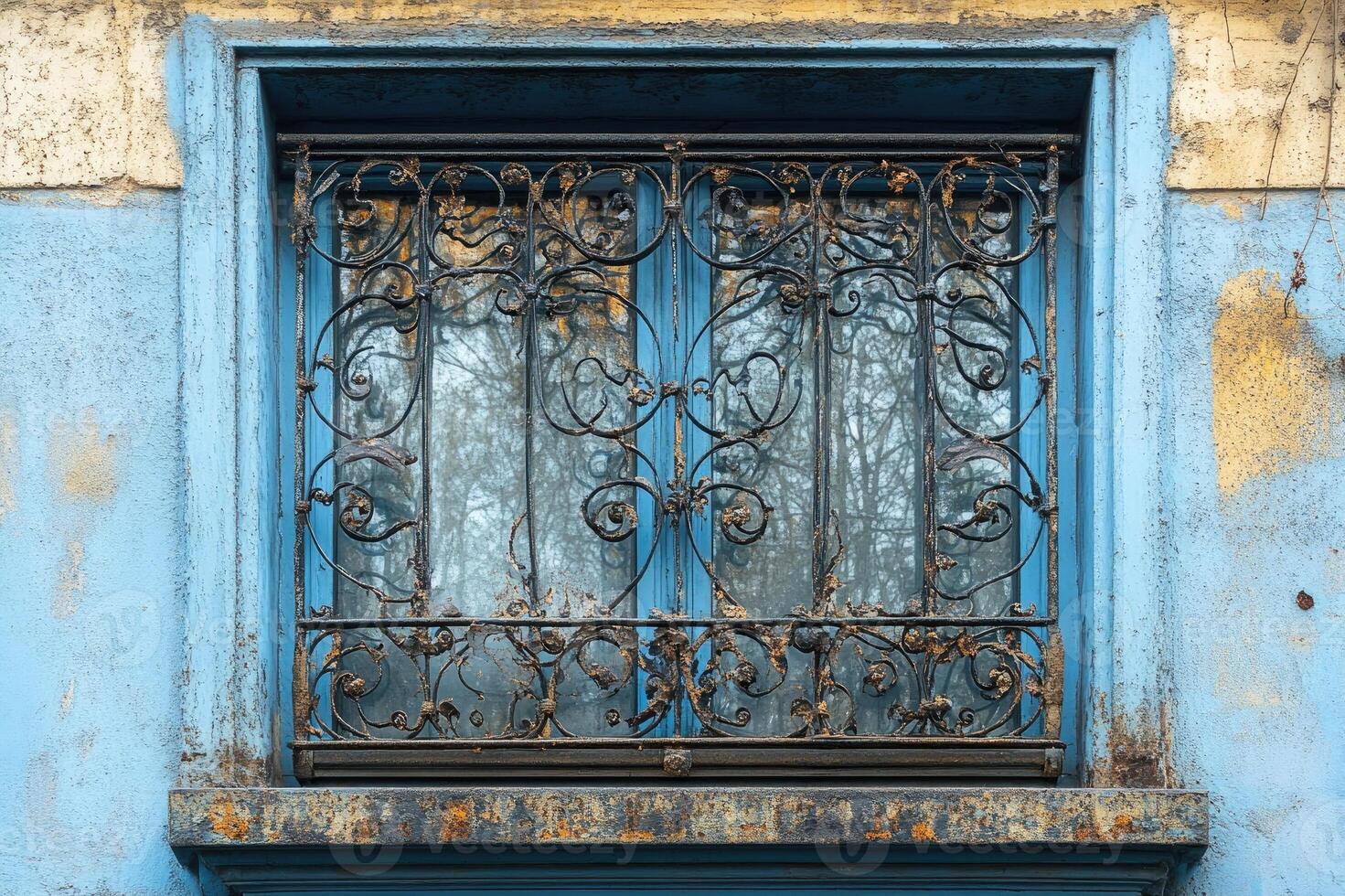 Old window with rusty ironwork reflecting trees in urban setting photo