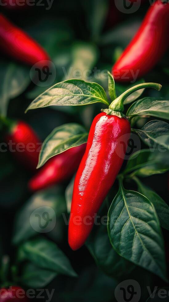 Red chili pepper growing on plant surrounded by green leaves photo