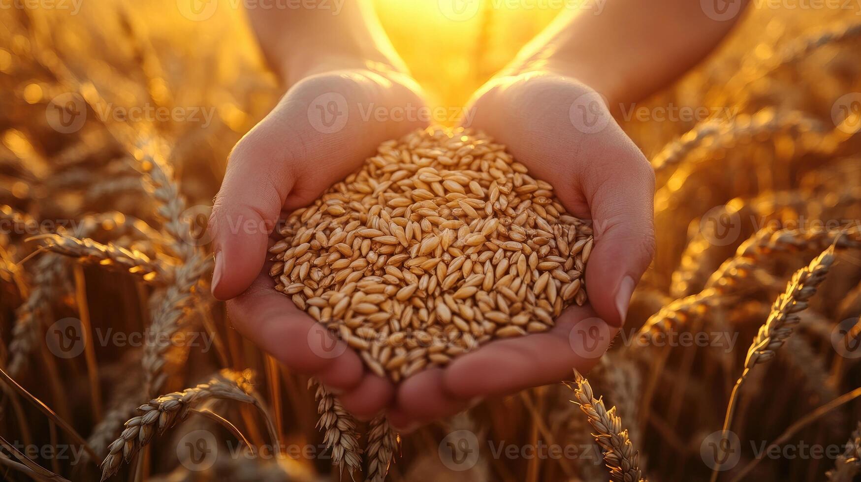 Farmer holding wheat grains in open hands in field at sunset photo