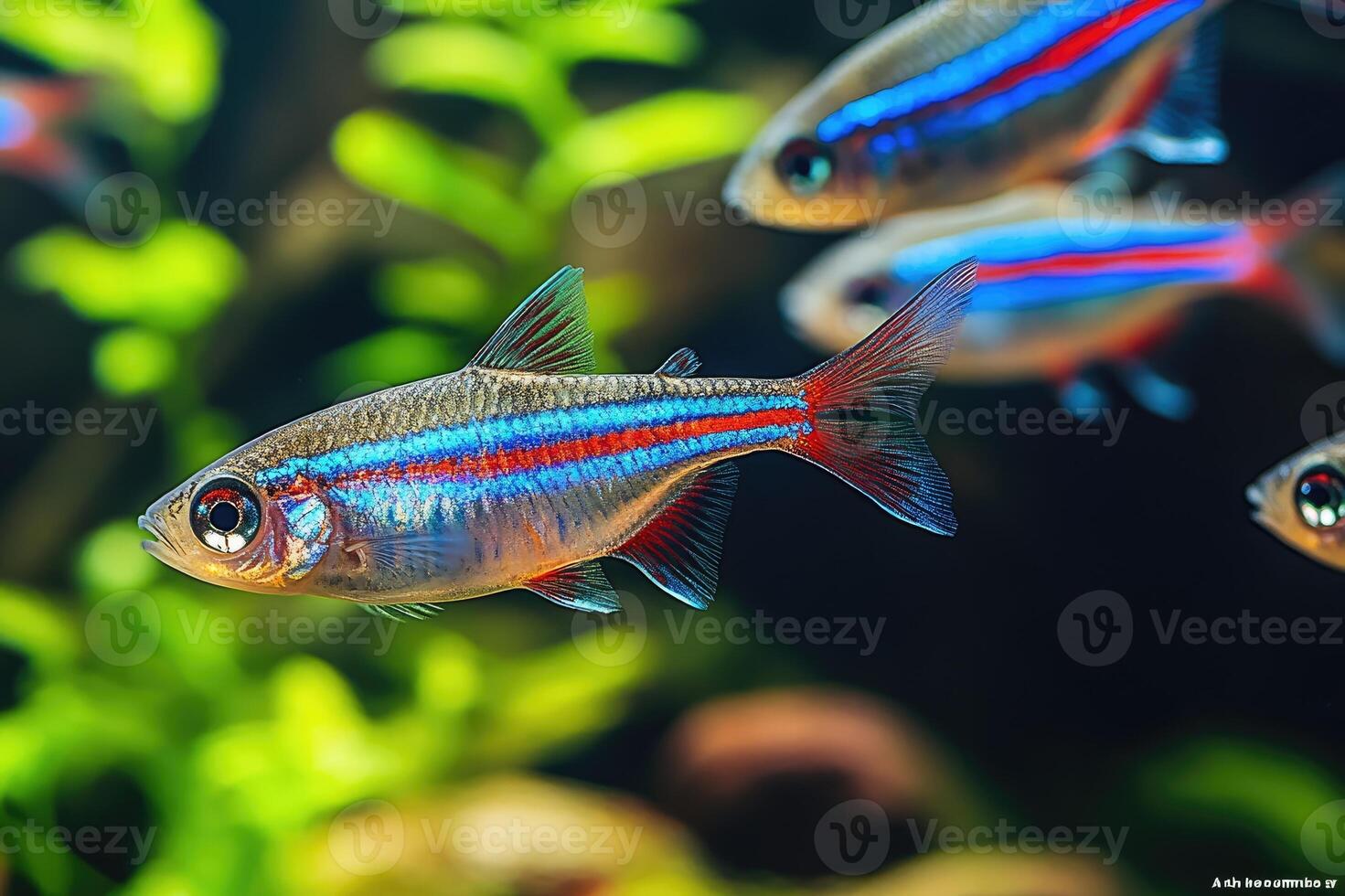School of neon tetra fish swimming in aquarium photo