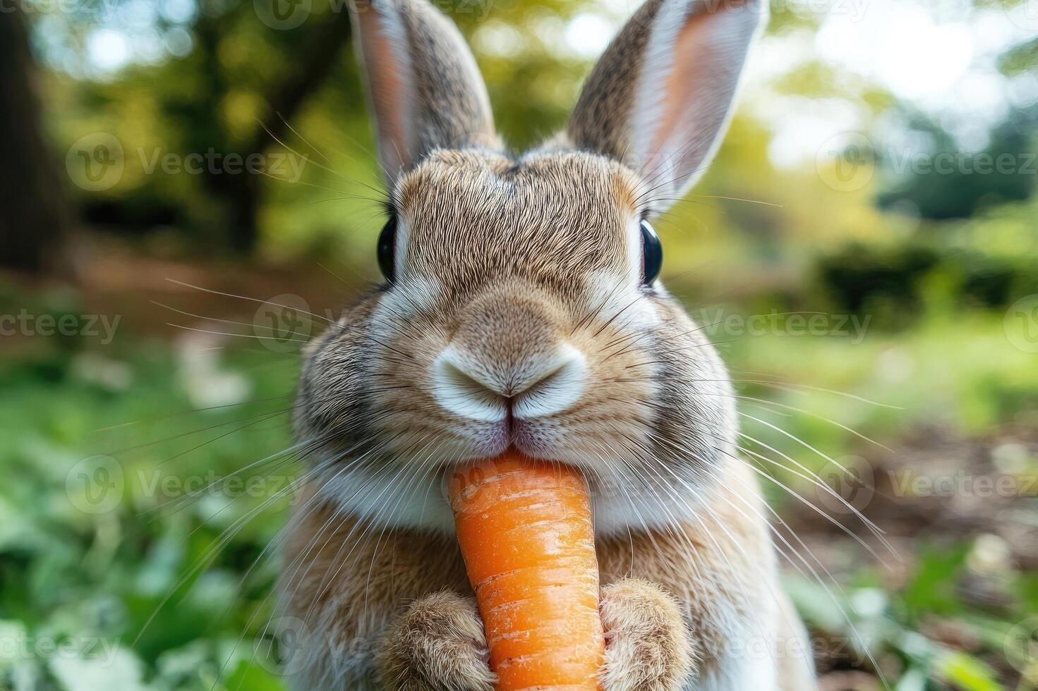 Cute brown rabbit enjoying eating a carrot outdoors photo