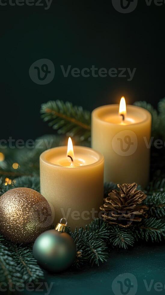 Burning green candles creating festive christmas atmosphere with pine branches and pine cones photo