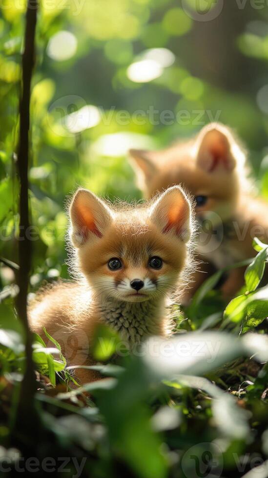 Two red fox cubs relaxing in the forest photo