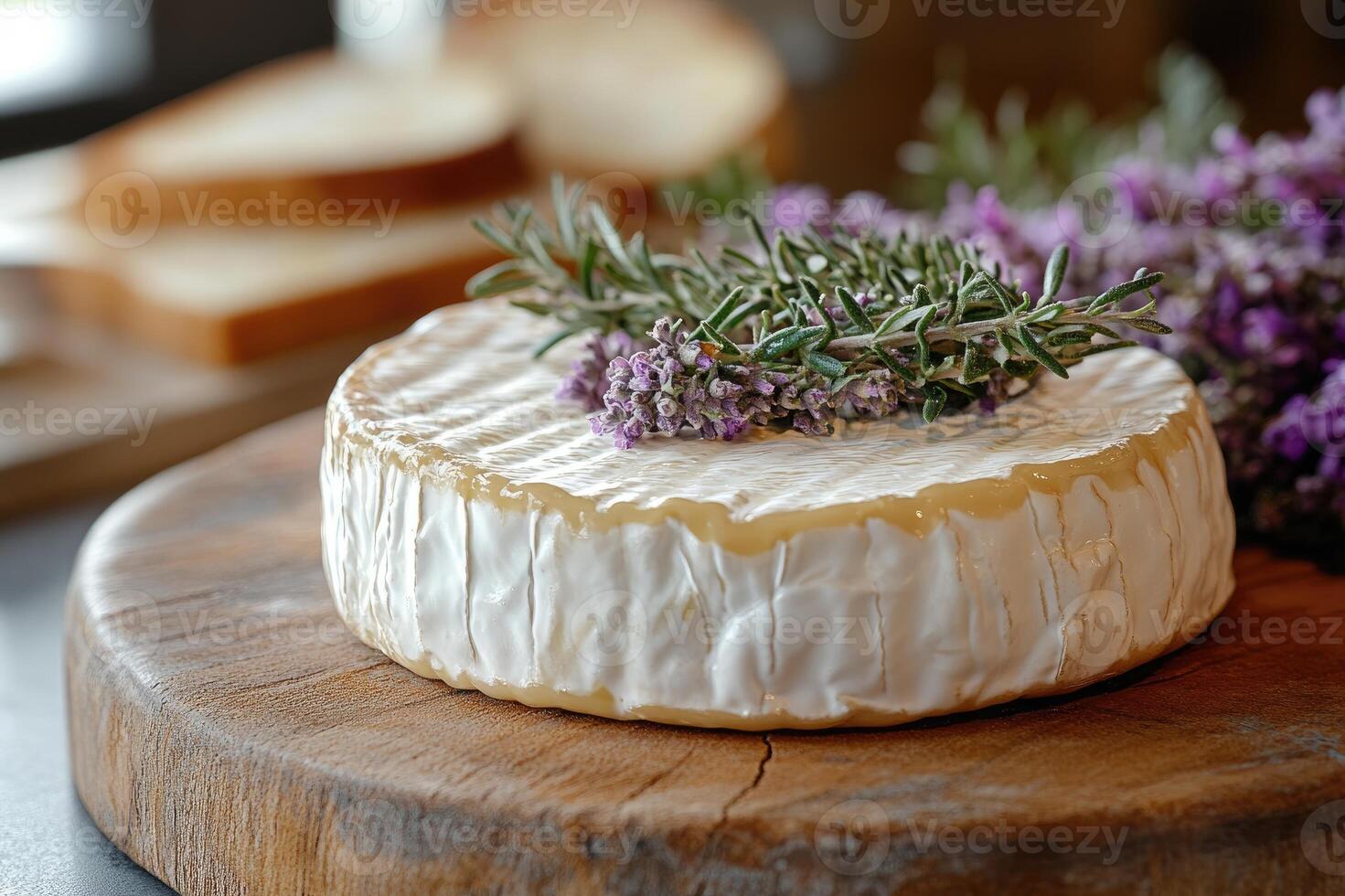 Round camembert cheese decorated with lavender and rosemary on rustic wooden board photo