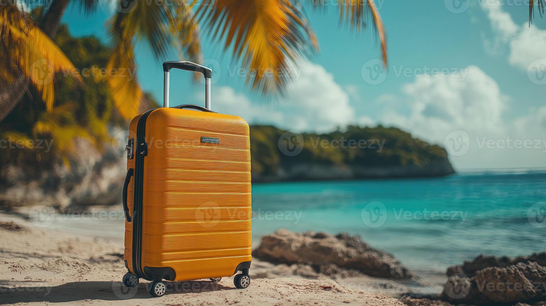 Yellow suitcase standing on tropical beach under palm trees photo