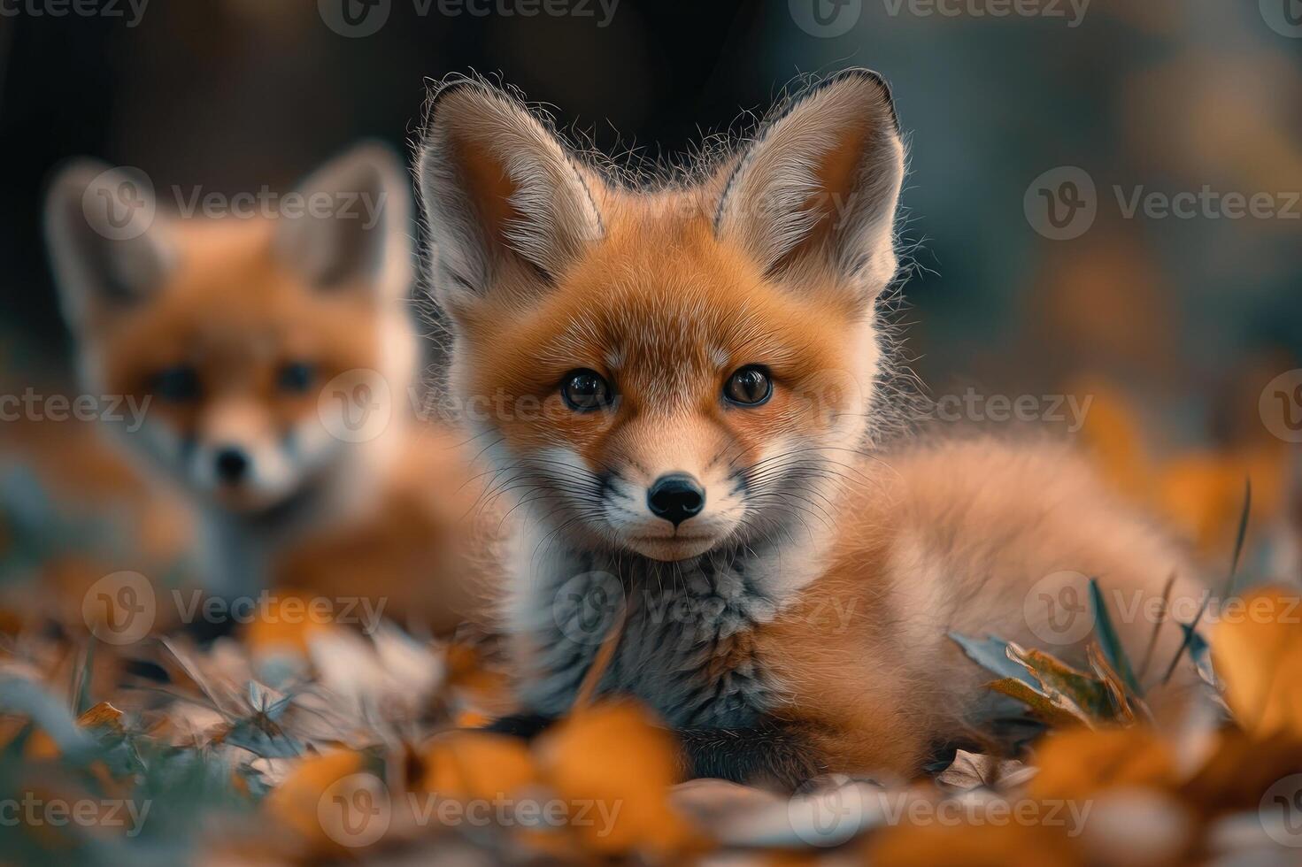 Two red fox cubs looking out from green bushes photo