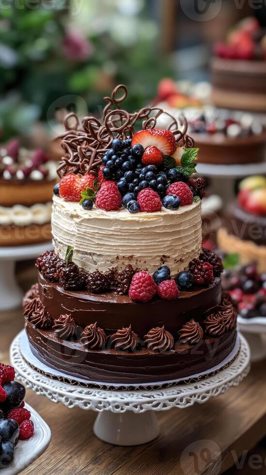 Delicious cakes with fresh fruits are waiting for the guests on the table photo