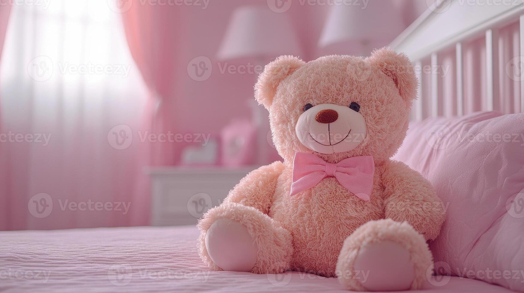 Teddy bear sitting on a cot in a pink bedroom for baby girl photo
