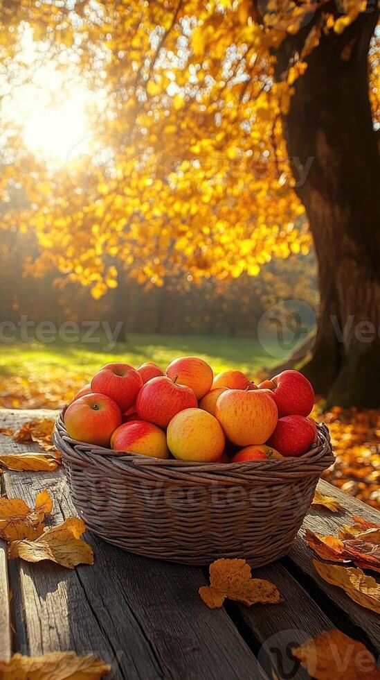 Wicker basket overflowing with apples under an autumn tree at sunset photo