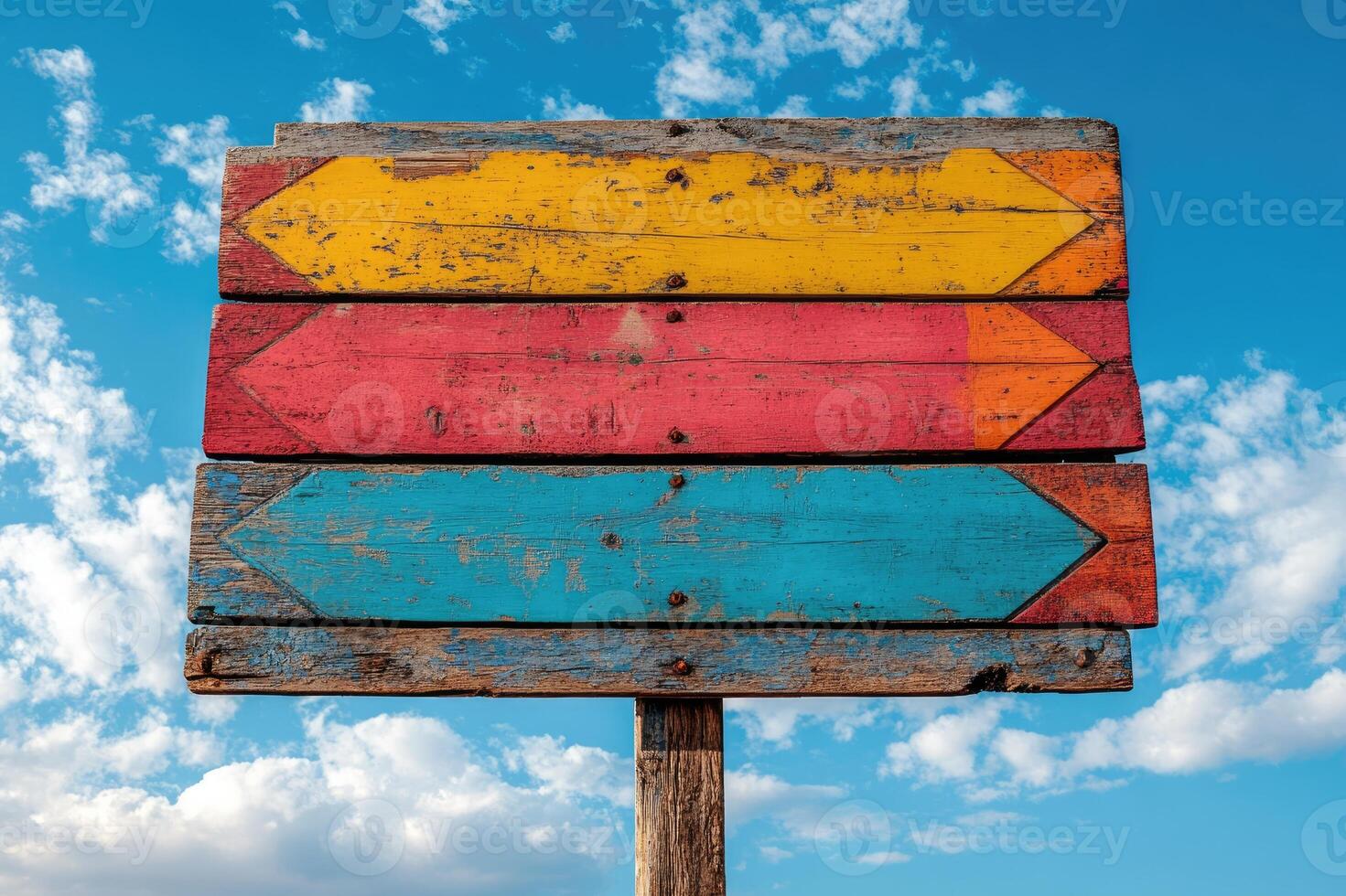 Three colorful wooden arrows pointing in different directions on a signpost photo