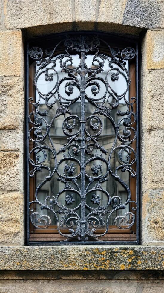 Old european window reflecting building with ornate iron grillwork photo