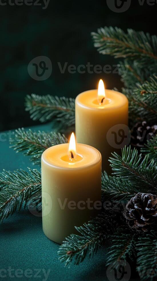 Burning green candles creating festive christmas atmosphere with pine branches and pine cones photo