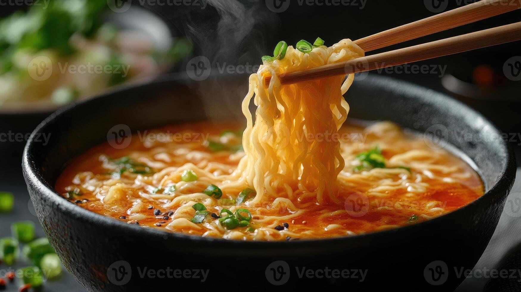 Steaming hot bowl of ramen being lifted with chopsticks photo