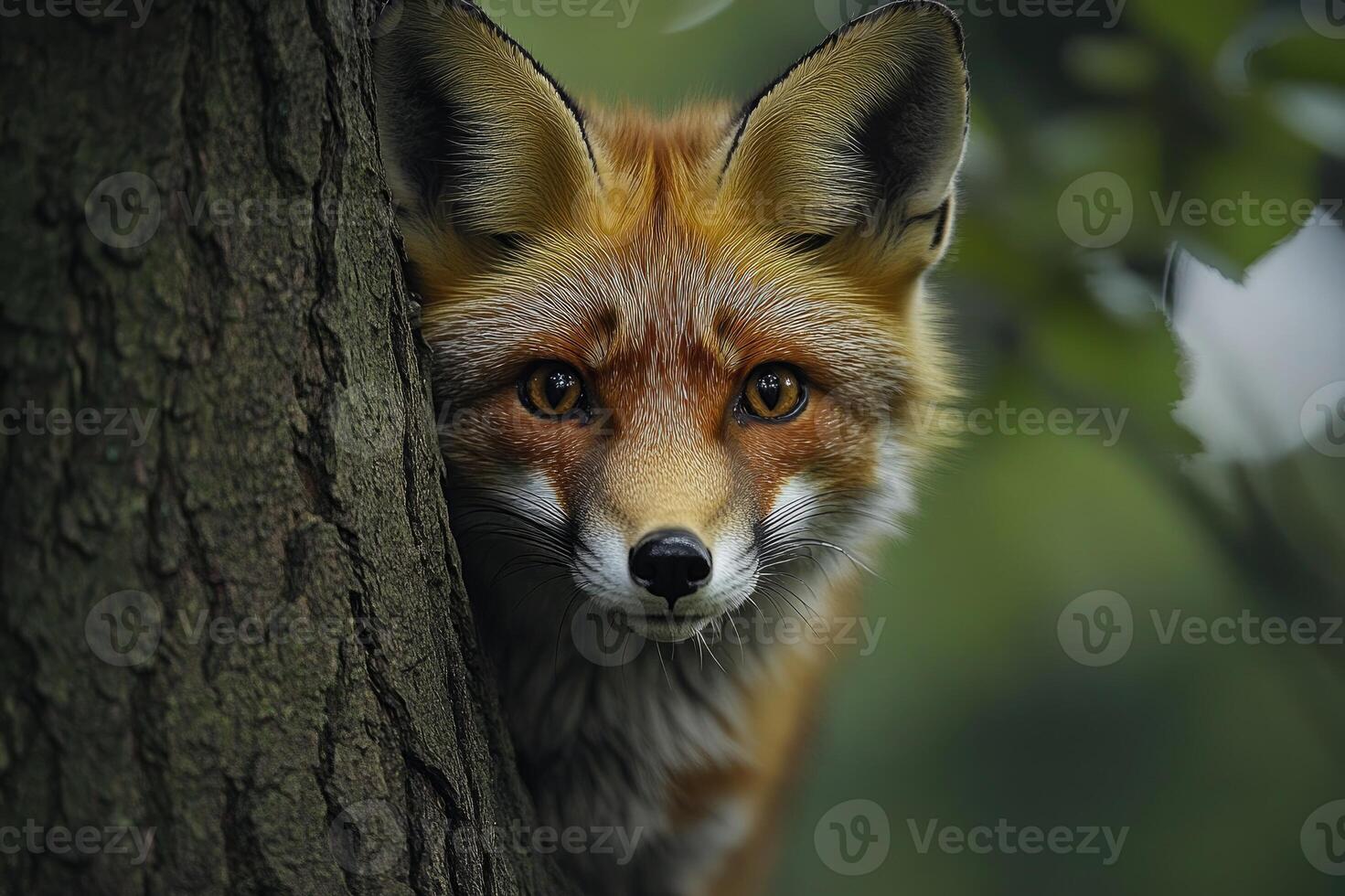 Curious red fox peeking from behind a tree in autumn photo