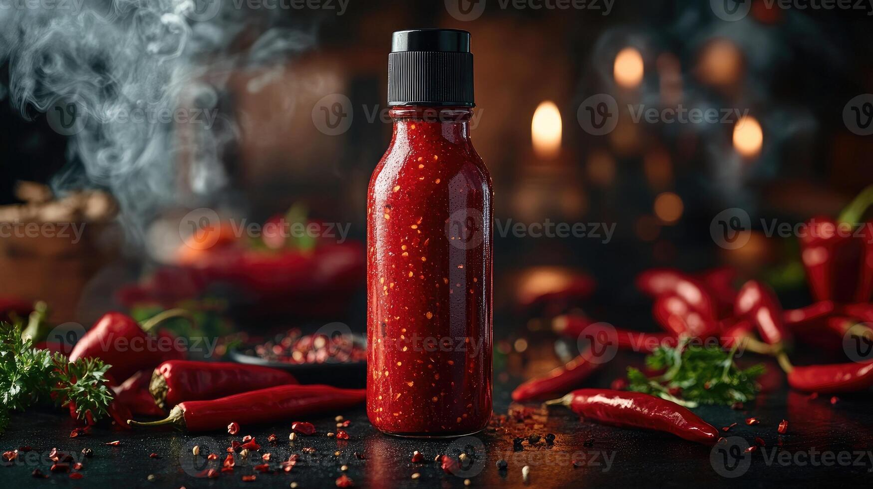 Steaming bottle of hot sauce surrounded by fresh chili peppers photo