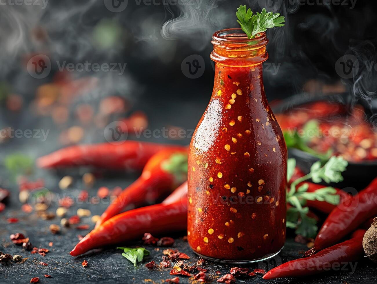 Steaming bottle of hot sauce surrounded by fresh chili peppers photo