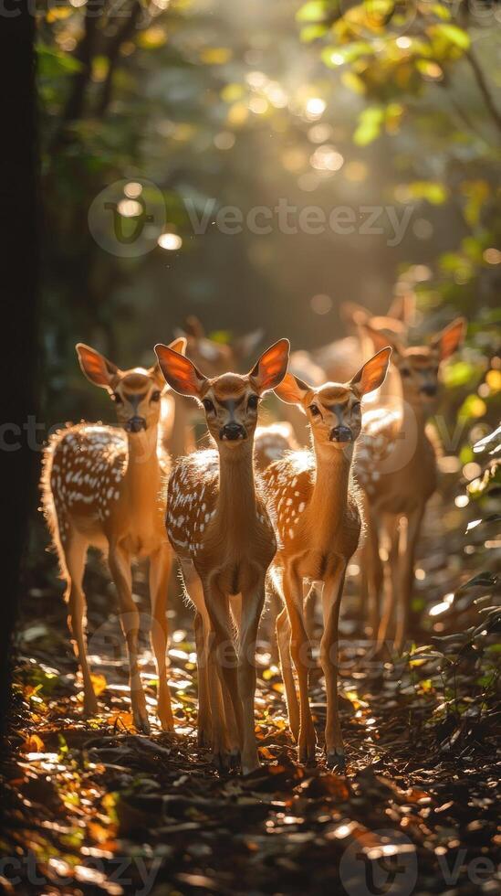 Five fawns standing on path in sun dappled forest photo