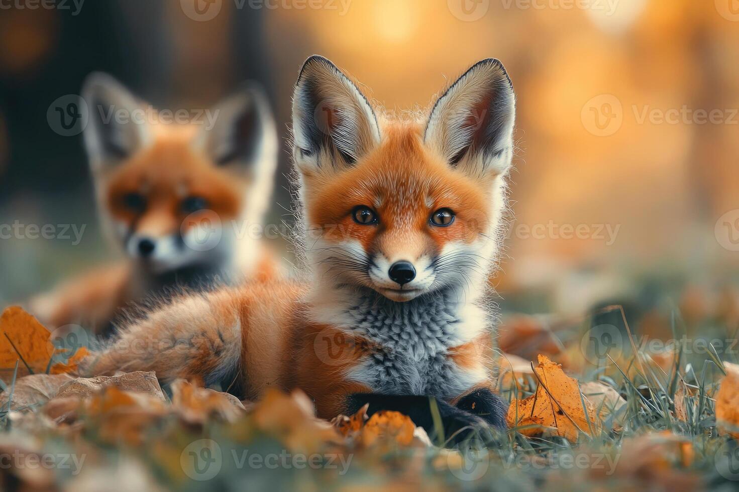 Two red fox cubs looking out from green bushes photo