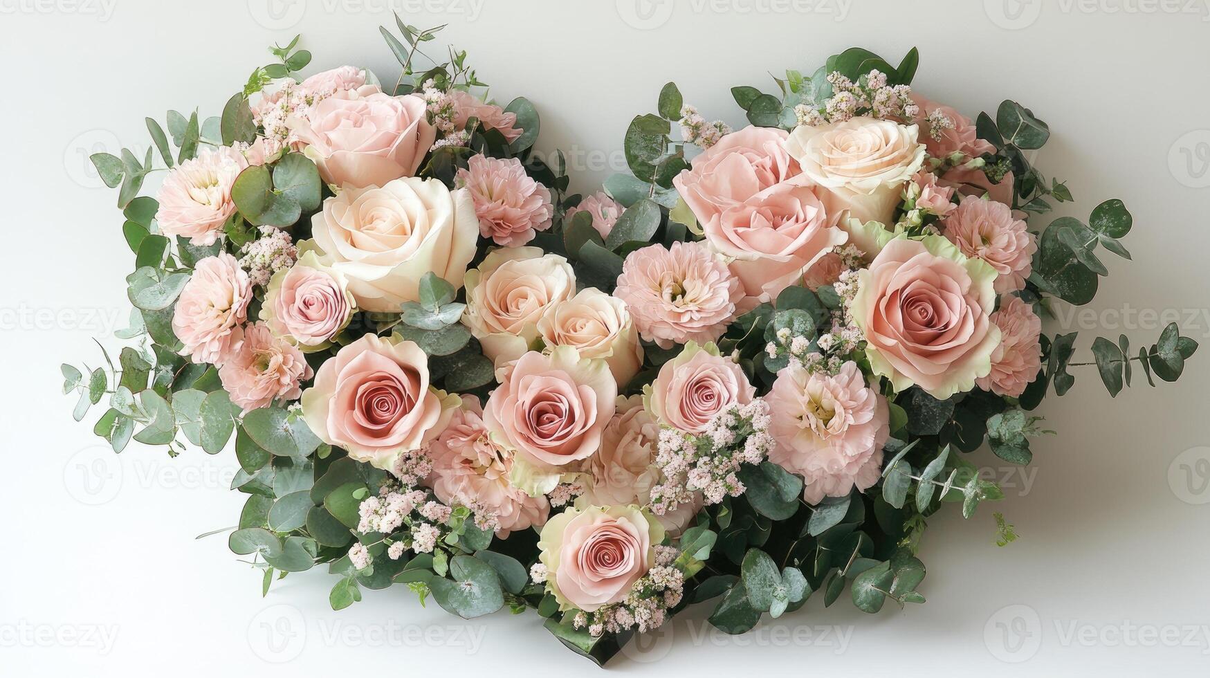 Heart shaped bouquet of pink roses lying on white background photo