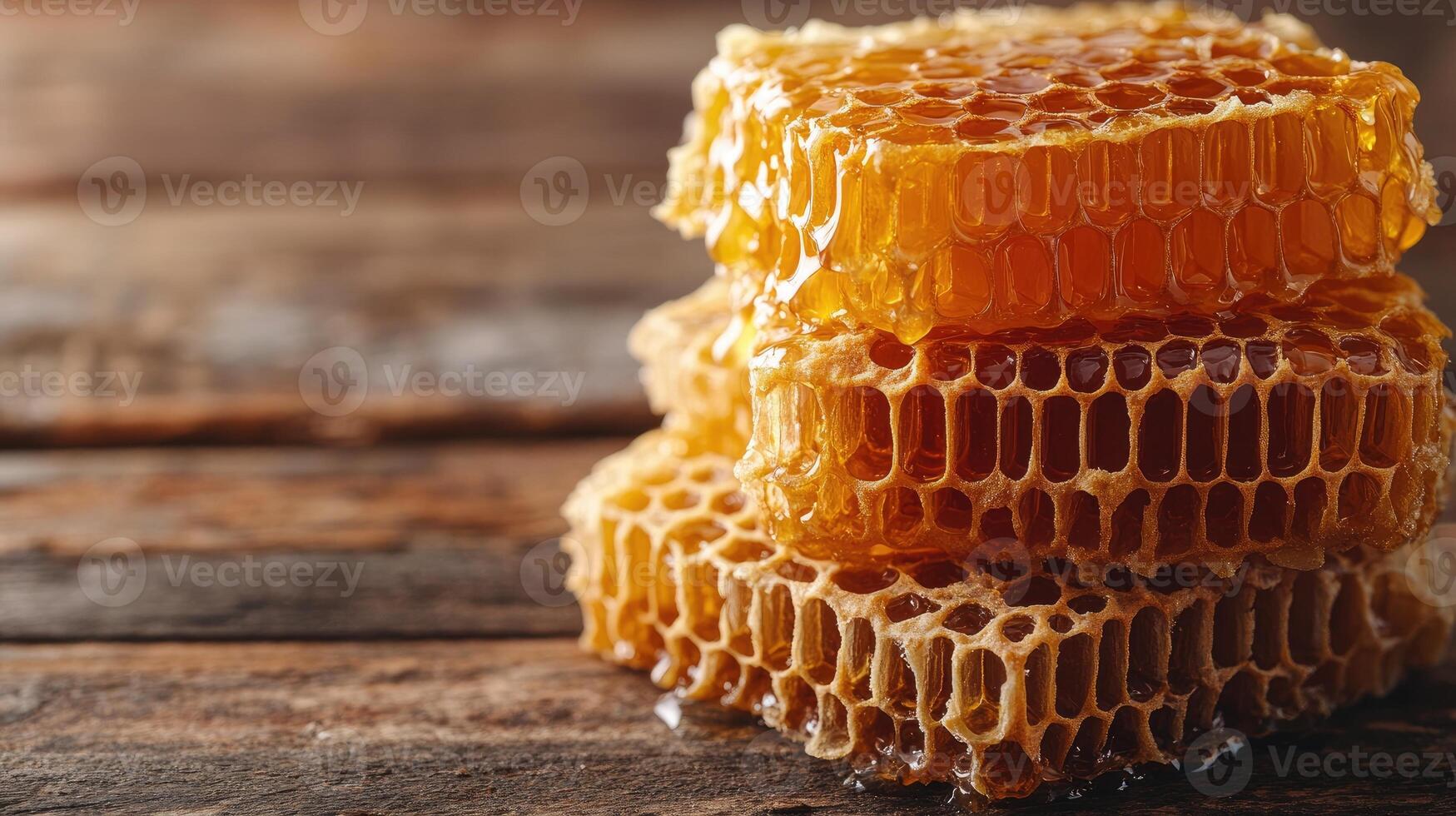 Honeycomb pieces stacked on rustic wooden table photo