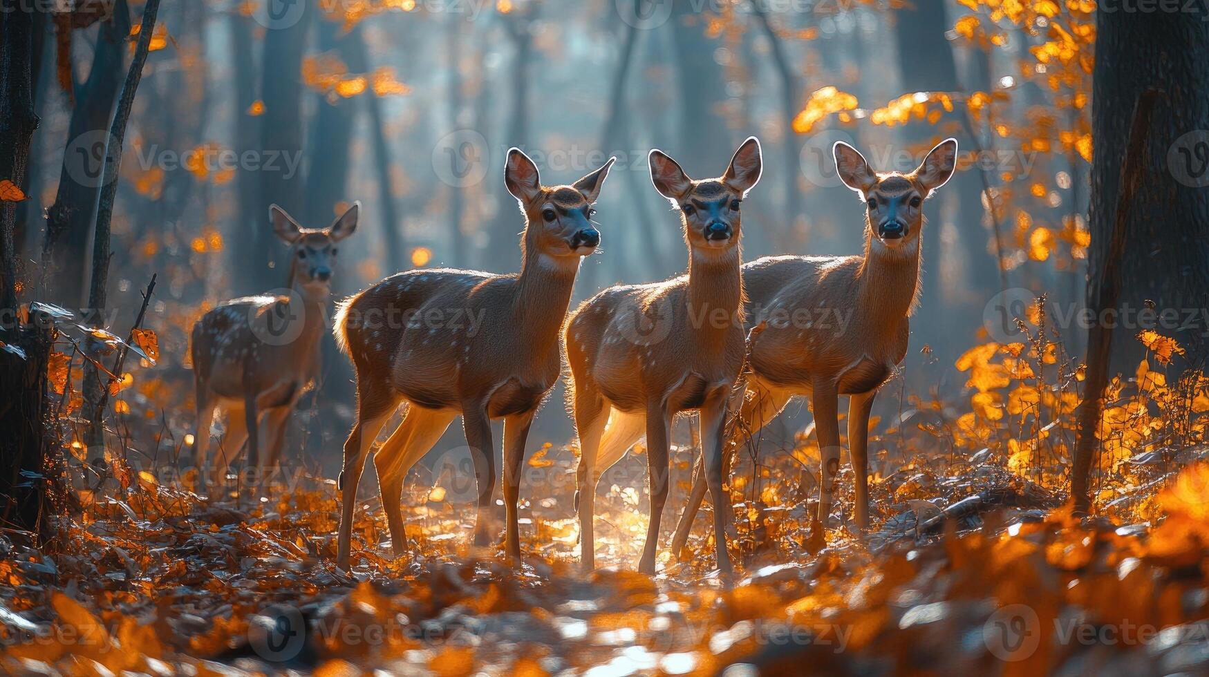 Group of fawn deer standing in autumn forest at sunset photo