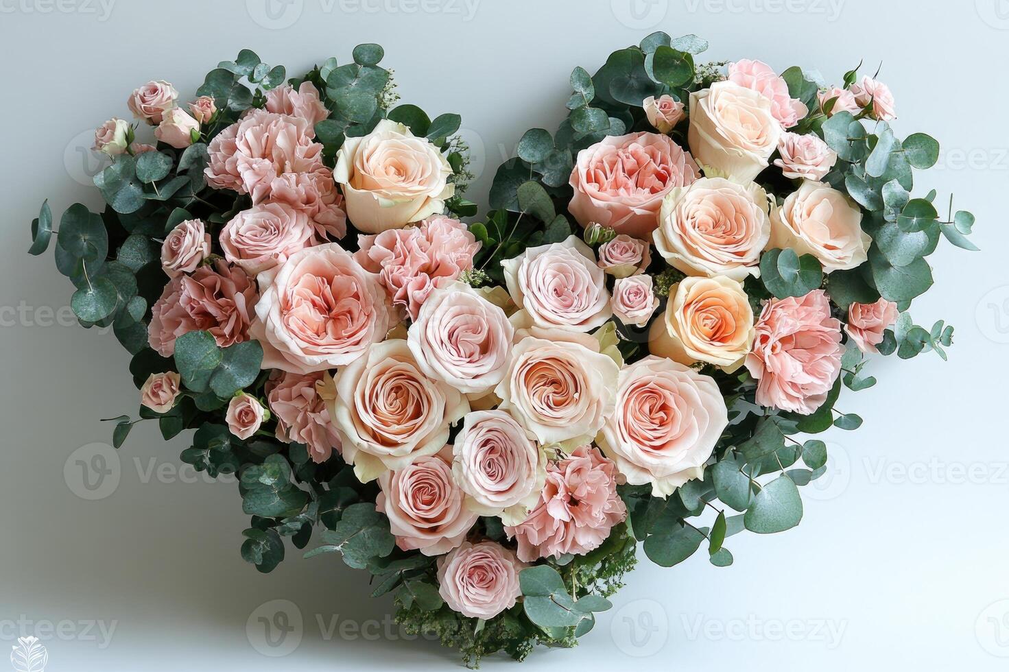 Heart shaped bouquet of pink roses and eucalyptus lying on white background photo