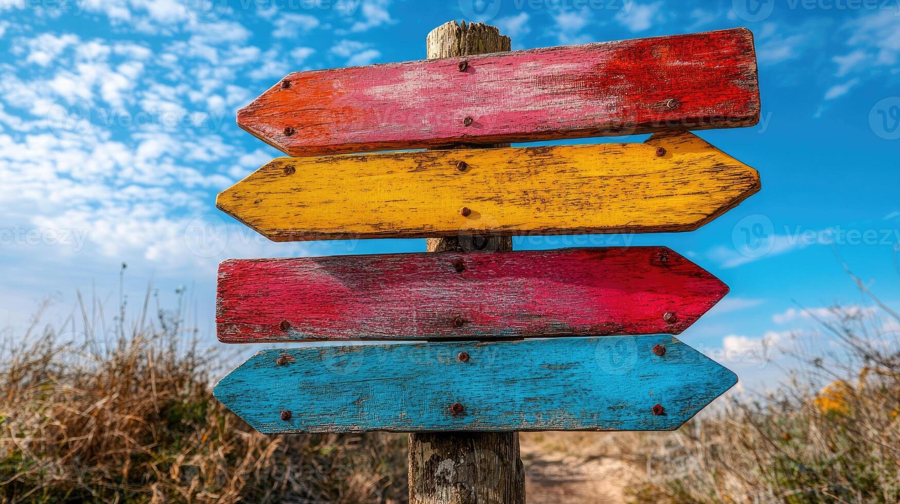 Three colorful empty wooden arrows signpost pointing different directions photo