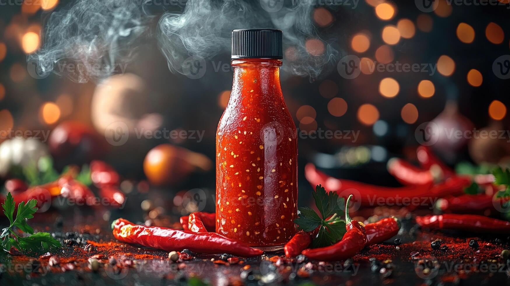 Steaming bottle of hot sauce surrounded by fresh chili peppers photo