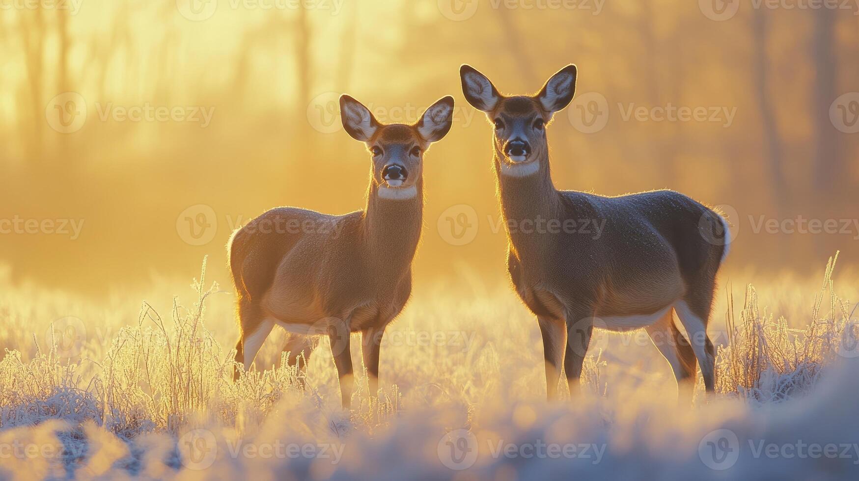 Two white-tailed deer does standing in a frosty meadow at sunrise photo