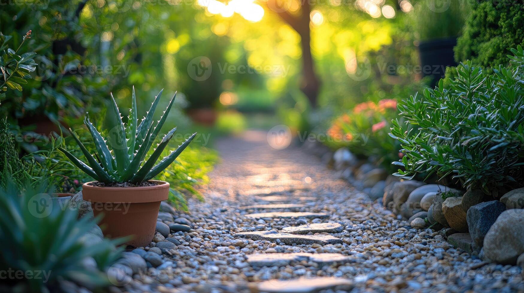 Gravel path is winding through a lush garden at sunset photo
