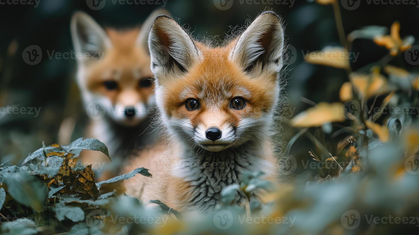 Two red fox cubs hiding in the forest photo