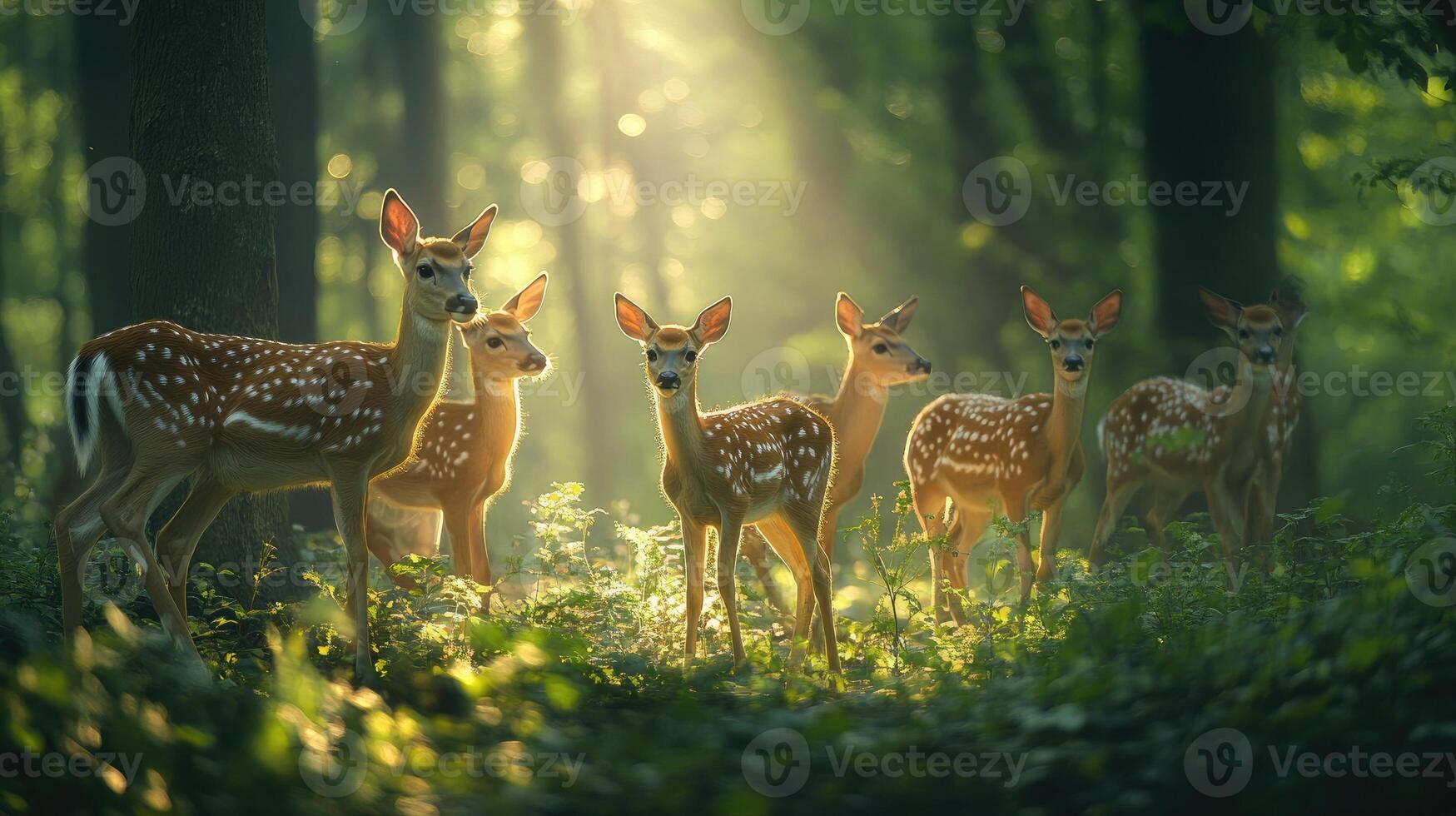 Five fawns standing on path in sun dappled forest photo
