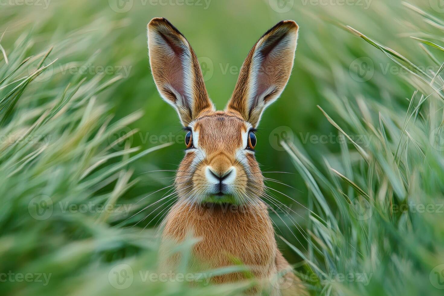 Wild hare posing in the grass on a sunny day photo